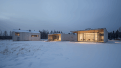 Modern Nordic architecture in Espoo Finland, clean lines, contemporary buildings, Finnish design aesthetic, winter landscape with snow, no people