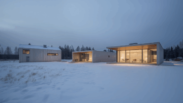 Modern Nordic architecture in Espoo Finland, clean lines, contemporary buildings, Finnish design aesthetic, winter landscape with snow, no people
